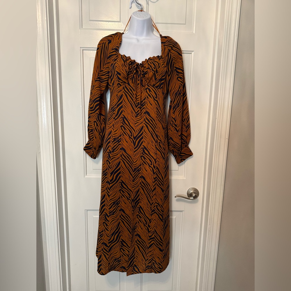 Living In Harmony Rust Orange Zebra Print Long Sleeve Midi Dress ❤️‍🔥